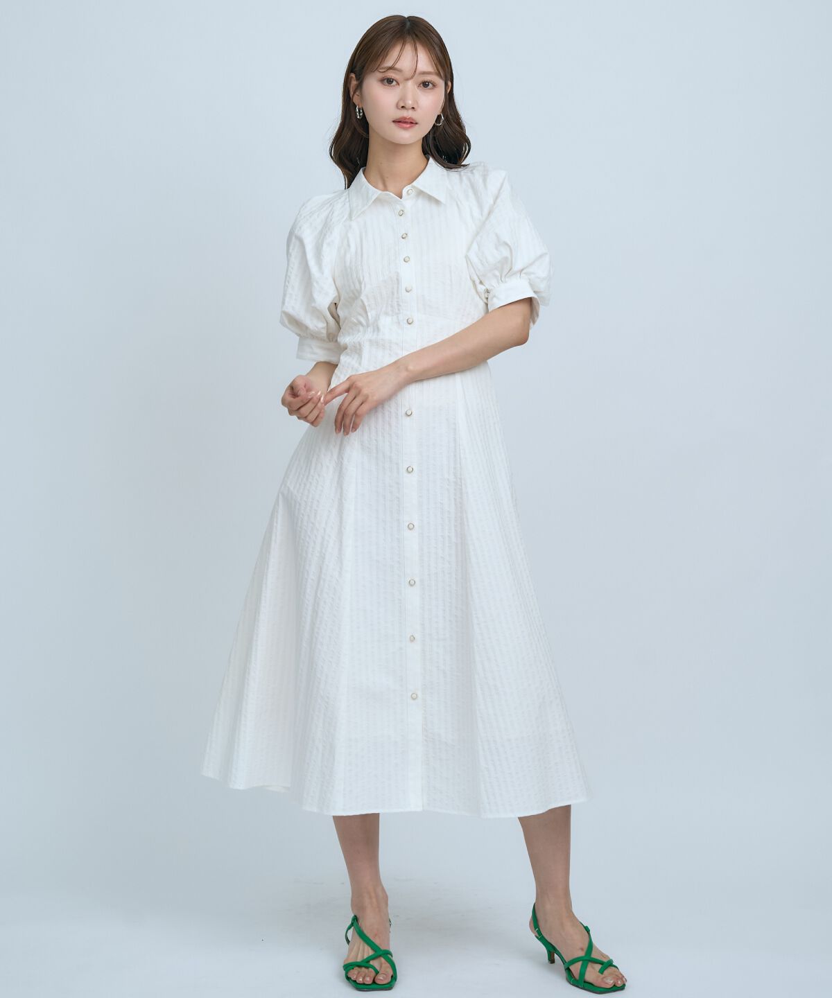 アンドクチュール「ボリュームスリーブストライプワンピース」|ワンピース|