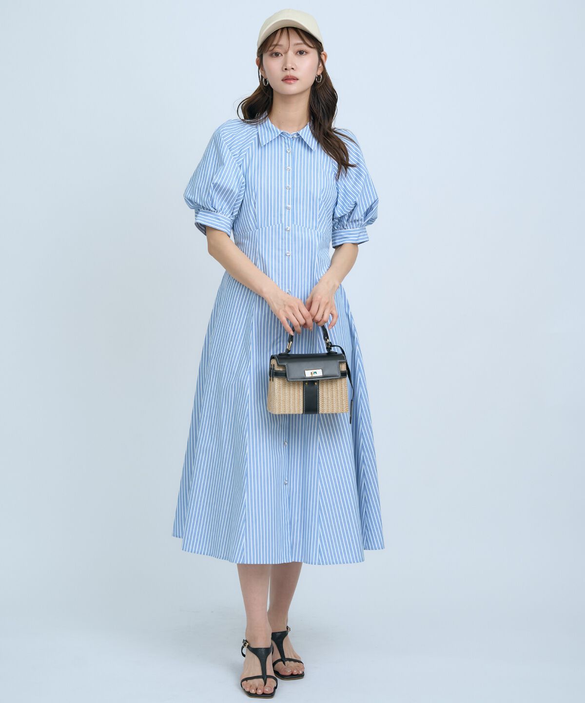 アンドクチュール「ボリュームスリーブストライプワンピース」|ワンピース|