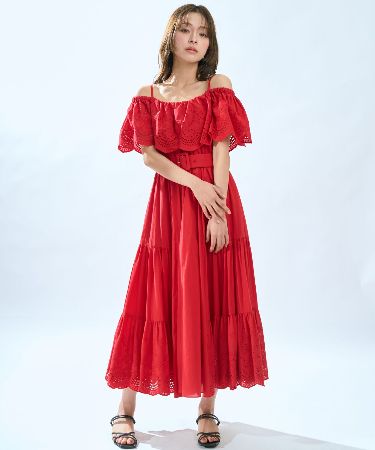 アンドクチュール「レースオフショルティアードワンピース」|ワンピース|レッド