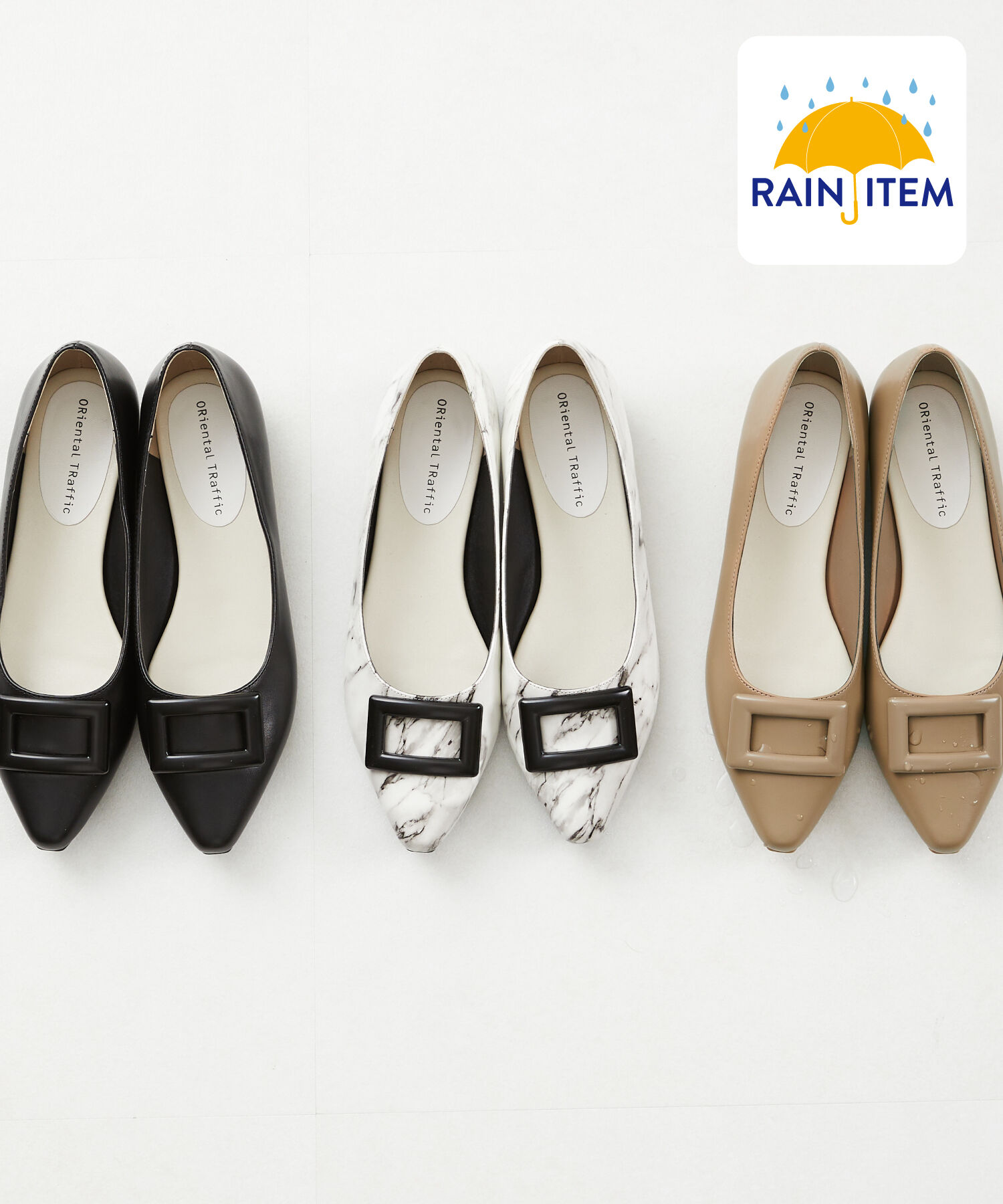 ORiental TRaffic「【防水】スクエアバックル レイン パンプス /R-1019 レインシューズ フラット」|パンプス|BLACK/WHITE