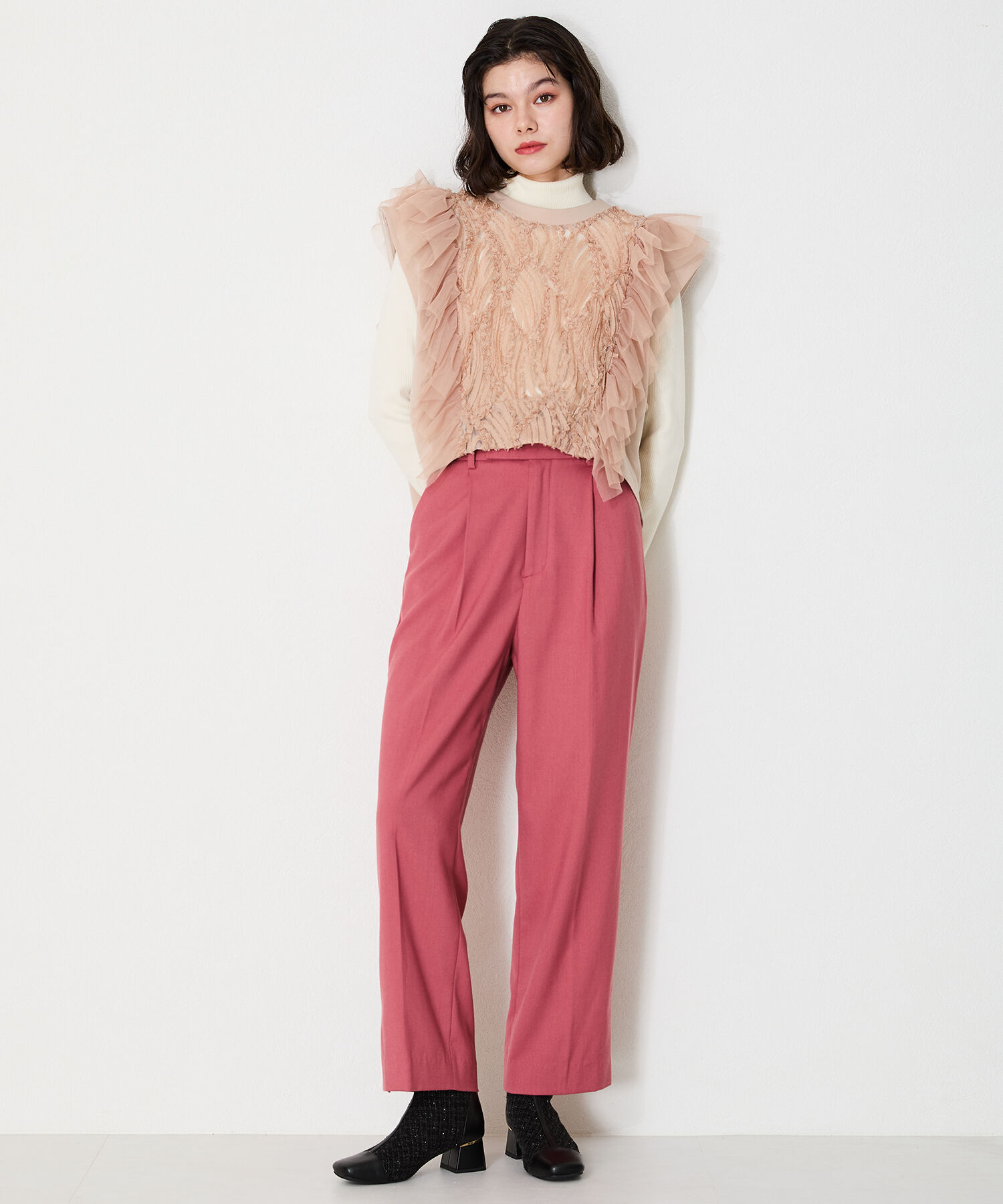 ORiental TRaffic「ツイード 切替 スクエアトゥ ブーツ /41404 ヒール5ｃｍ」|ショートブーツ|