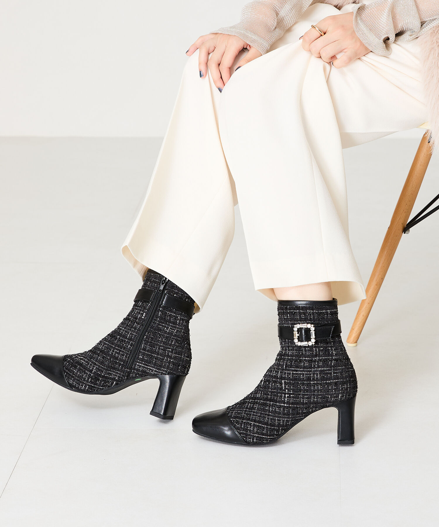 ORiental TRaffic「ビジュー バックル ツイード ヒール ブーツ /41419」|ショートブーツ|
