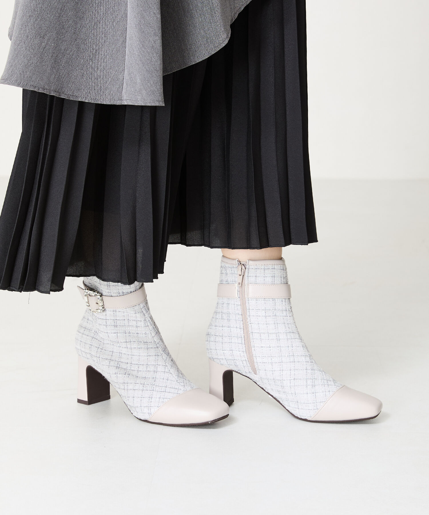 ORiental TRaffic「ビジュー バックル ツイード ヒール ブーツ /41419」|ショートブーツ|