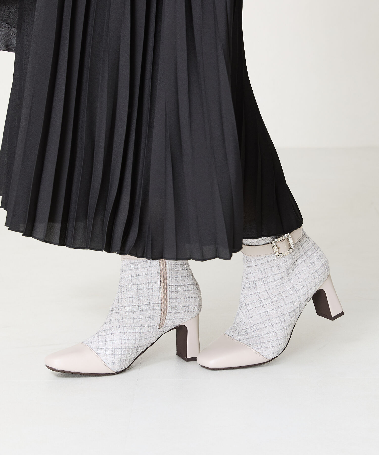 ORiental TRaffic「ビジュー バックル ツイード ヒール ブーツ /41419」|ショートブーツ|