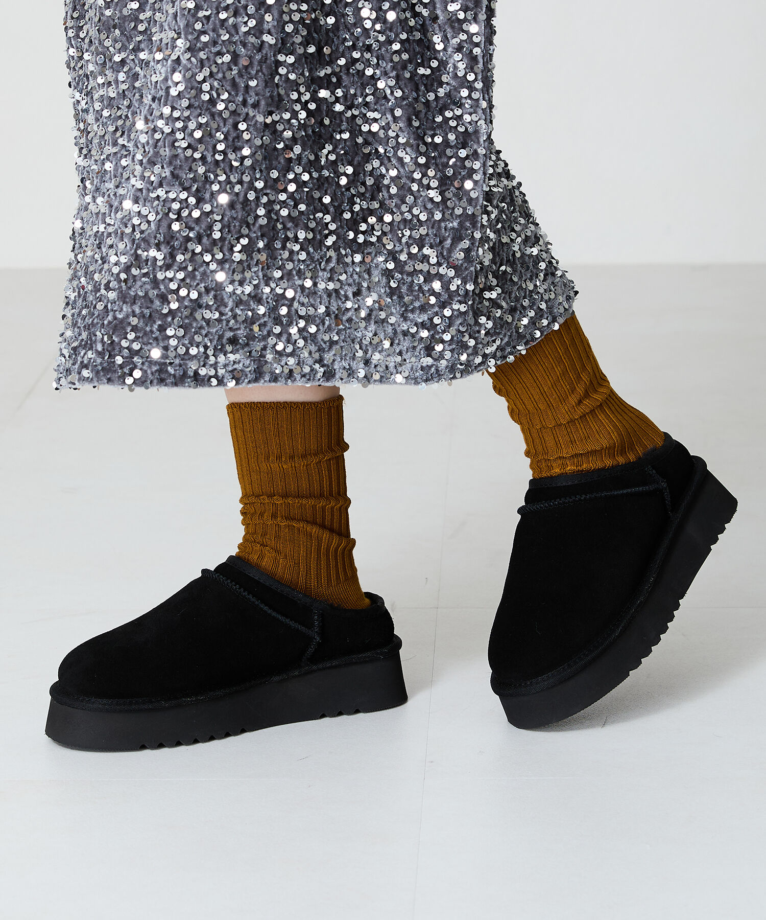 ORiental TRaffic「厚底 ムートン スリッポン シューズ/41320」|ショートブーツ|BLACK