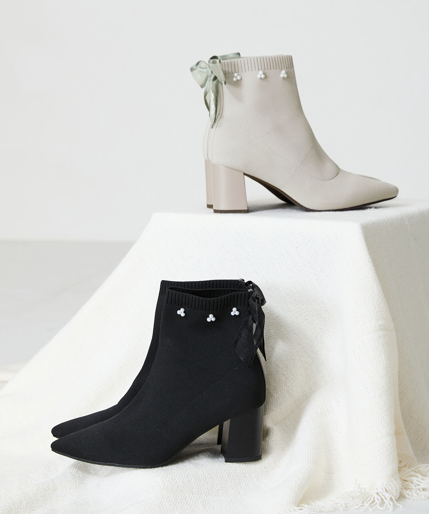 ORiental TRaffic「チュールリボン&times;パール ニットブーツ /41429」|ショートブーツ|