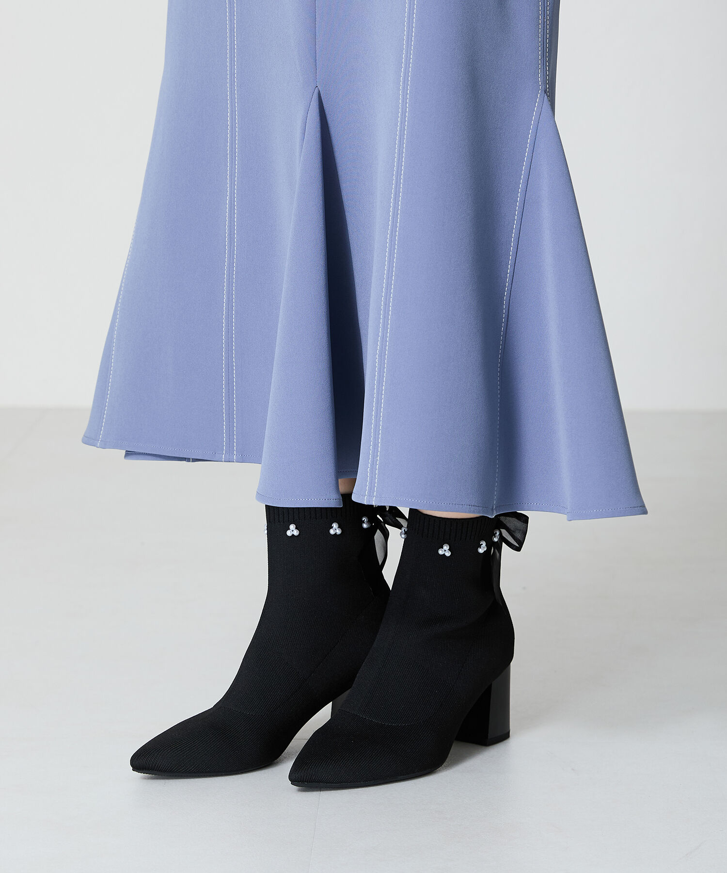 ORiental TRaffic「チュールリボン&times;パール ニットブーツ /41429」|ショートブーツ|