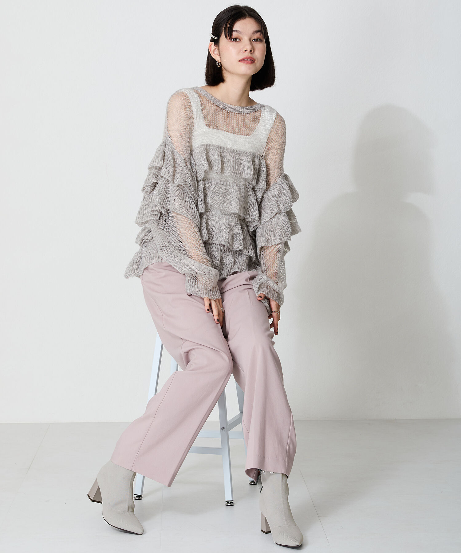 ORiental TRaffic「チュールリボン&times;パール ニットブーツ /41429」|ショートブーツ|