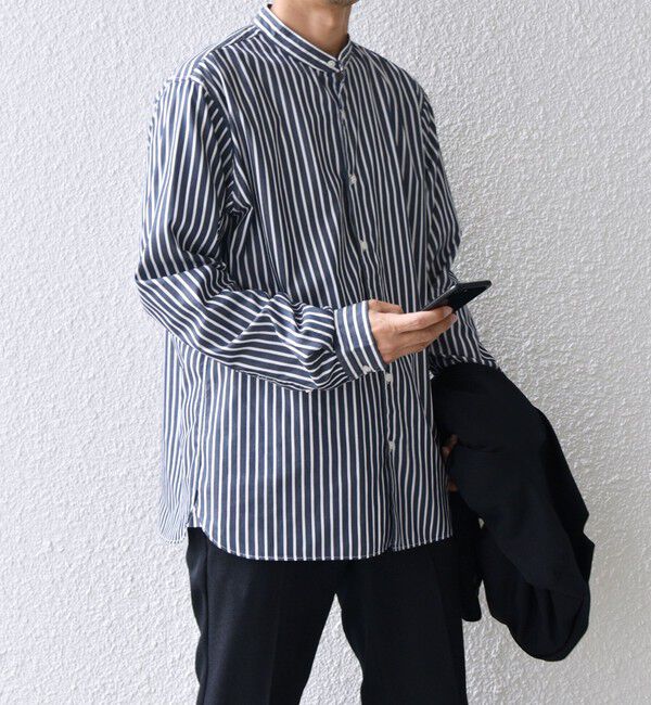 SHIPS any「SHIPS any: ストライプ / ソリッド リラックス バンドカラー シャツ 25AW◇」|シャツ・ブラウス|ネイビー