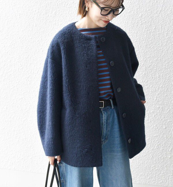 SHIPS any「SHIPS any: シャギー ノーカラー コクーン コート」|ノーカラーコート|ネイビー