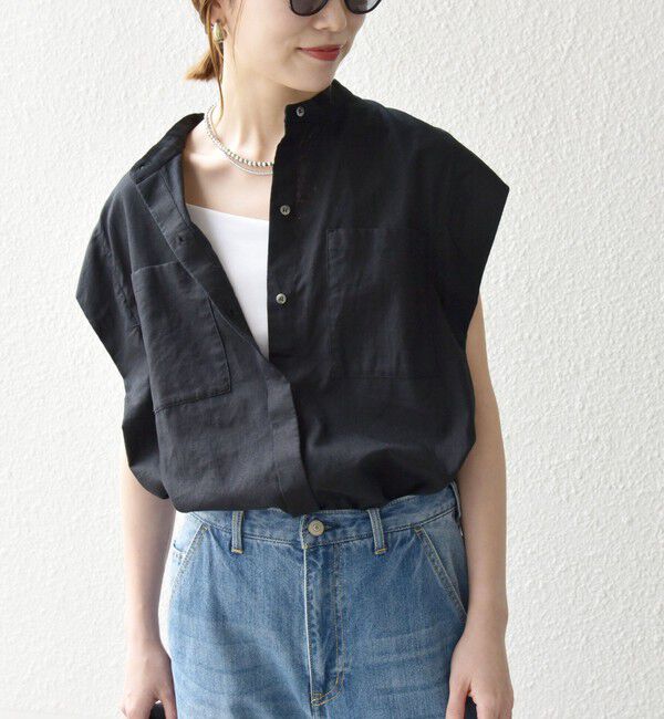 SHIPS any「SHIPS any:〈洗濯機可能〉リネン コットン バンドカラー フレンチスリーブ ポケット シャツ」|シャツ・ブラウス|