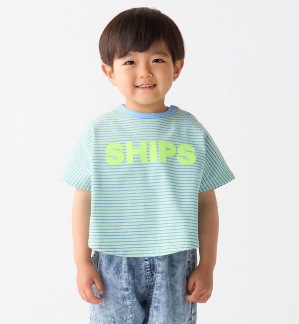 SHIPS Colors 「SHIPS Colors:80～130cm / ロゴ パッチワーク ボーダー Tシャツ」|Tシャツ・カットソー|グリーン