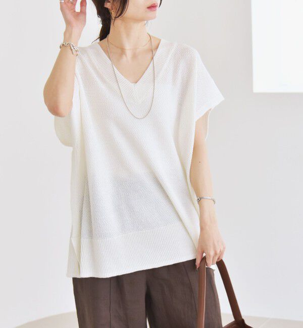 quaranciel「quaranciel:〈手洗い可能〉ラミー ミックス Vネック ノースリーブ シアー ニット」|ニット・セーター|