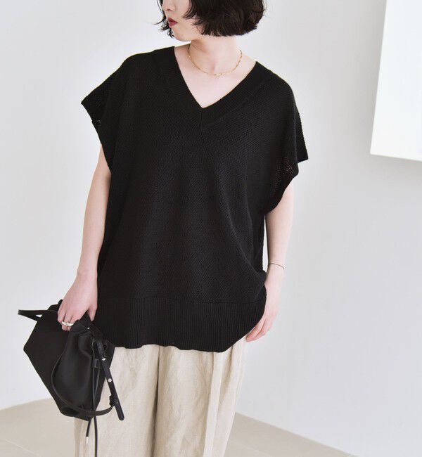 quaranciel「quaranciel:〈手洗い可能〉ラミー ミックス Vネック ノースリーブ シアー ニット」|ニット・セーター|
