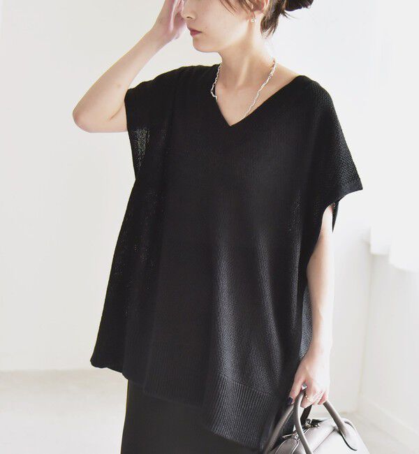 quaranciel「quaranciel:〈手洗い可能〉ラミー ミックス Vネック ノースリーブ シアー ニット」|ニット・セーター|