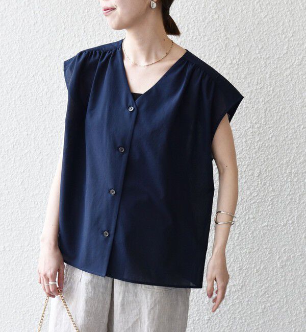 SHIPS any「《予約》SHIPS any:〈洗濯機可能〉Vネック フレンチ ギャザー ブラウス」|シャツ・ブラウス|