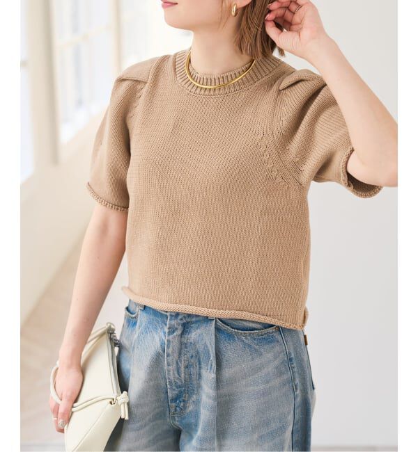 Spick and Span「コットンナイロンハーフスリーブニット」|ニット・セーター|キャメル