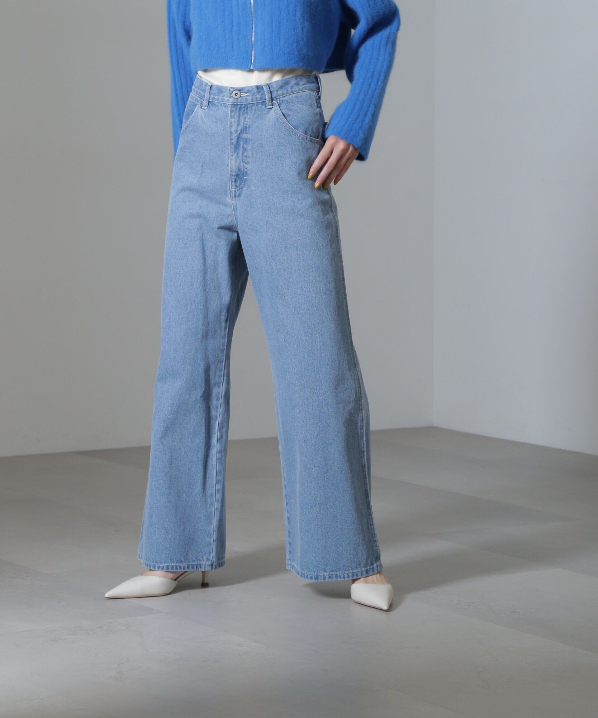 nano･universe「ハイウエストワイドデニムパンツ」|チノ|ブルー