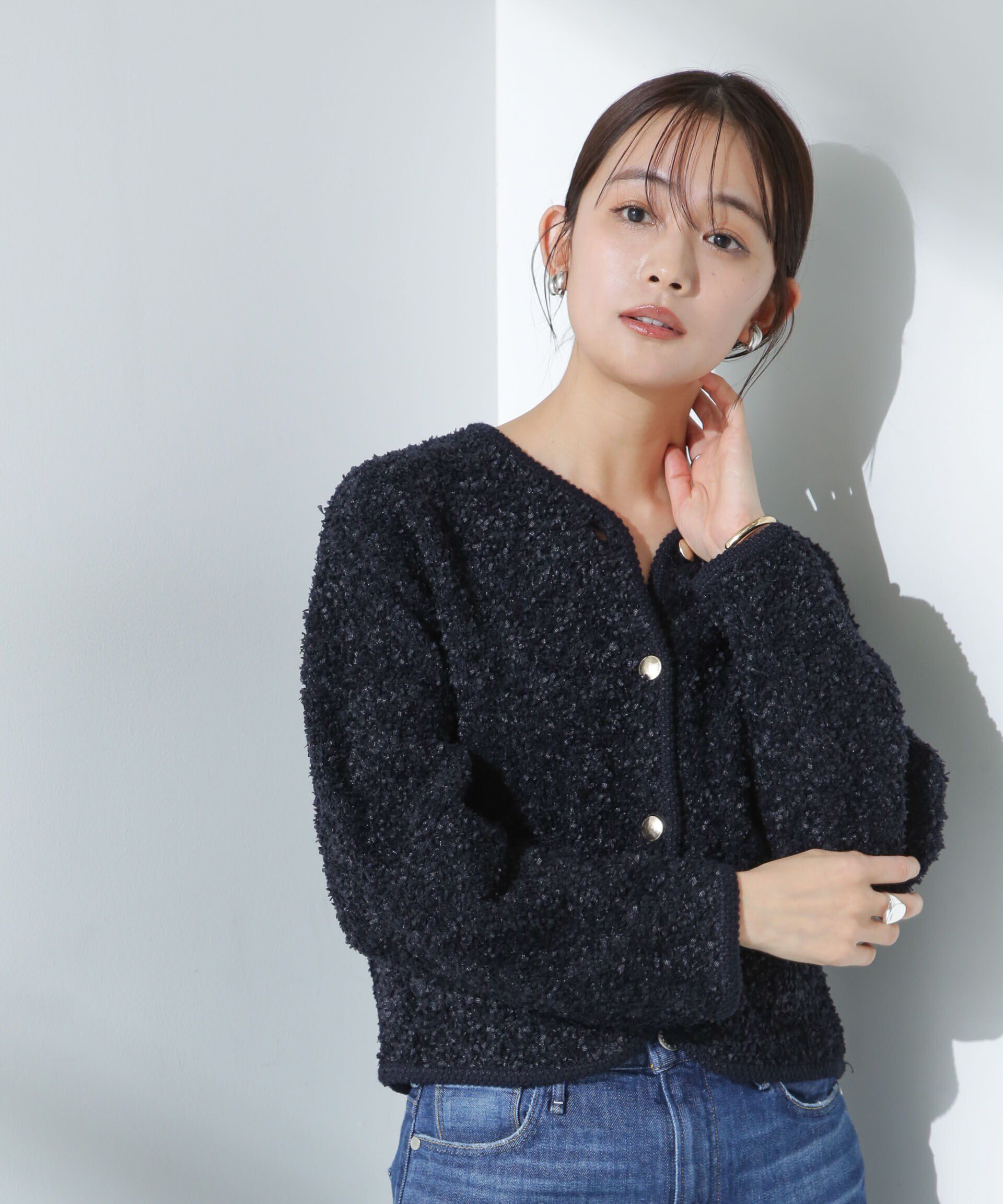 nano･universe「リボンヤーンニットジャケット」|ニット・セーター|