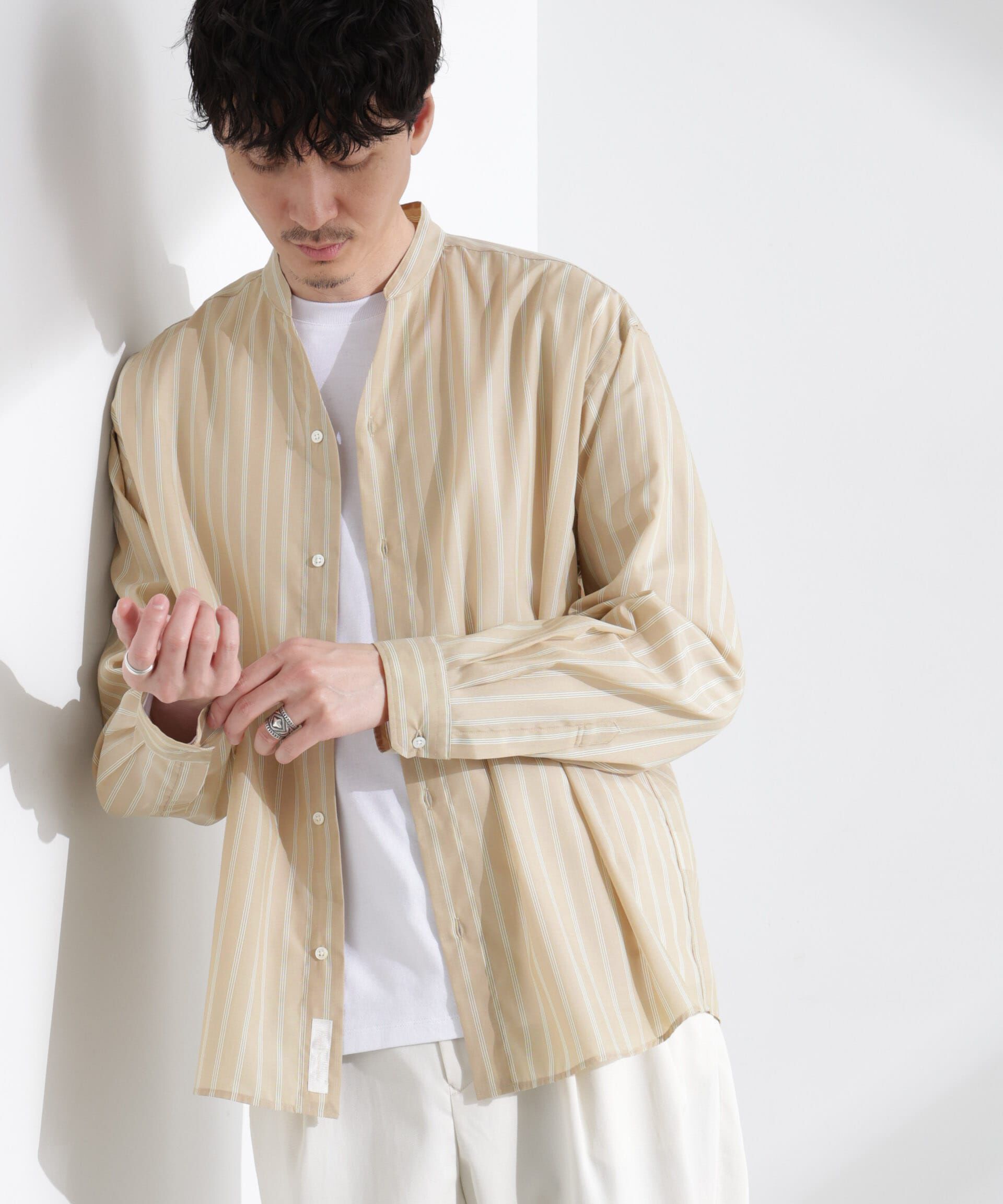 nano･universe「「大人のワイドシャツ」バンドカラー　ストライプ 長袖」|シャツ・ブラウス|