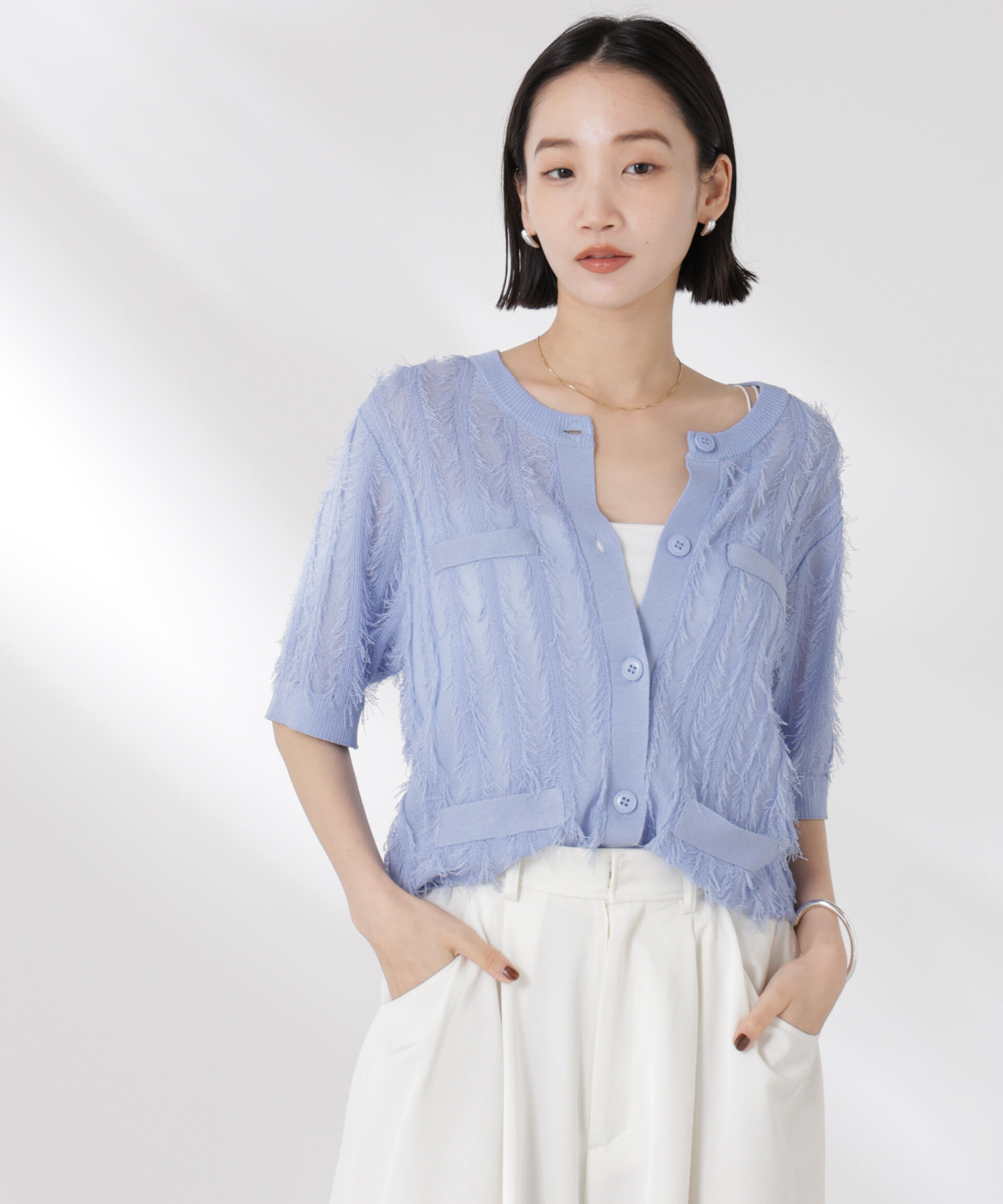 nano･universe「カットフリンジニットカーディガン」|ニット・セーター|ブルー