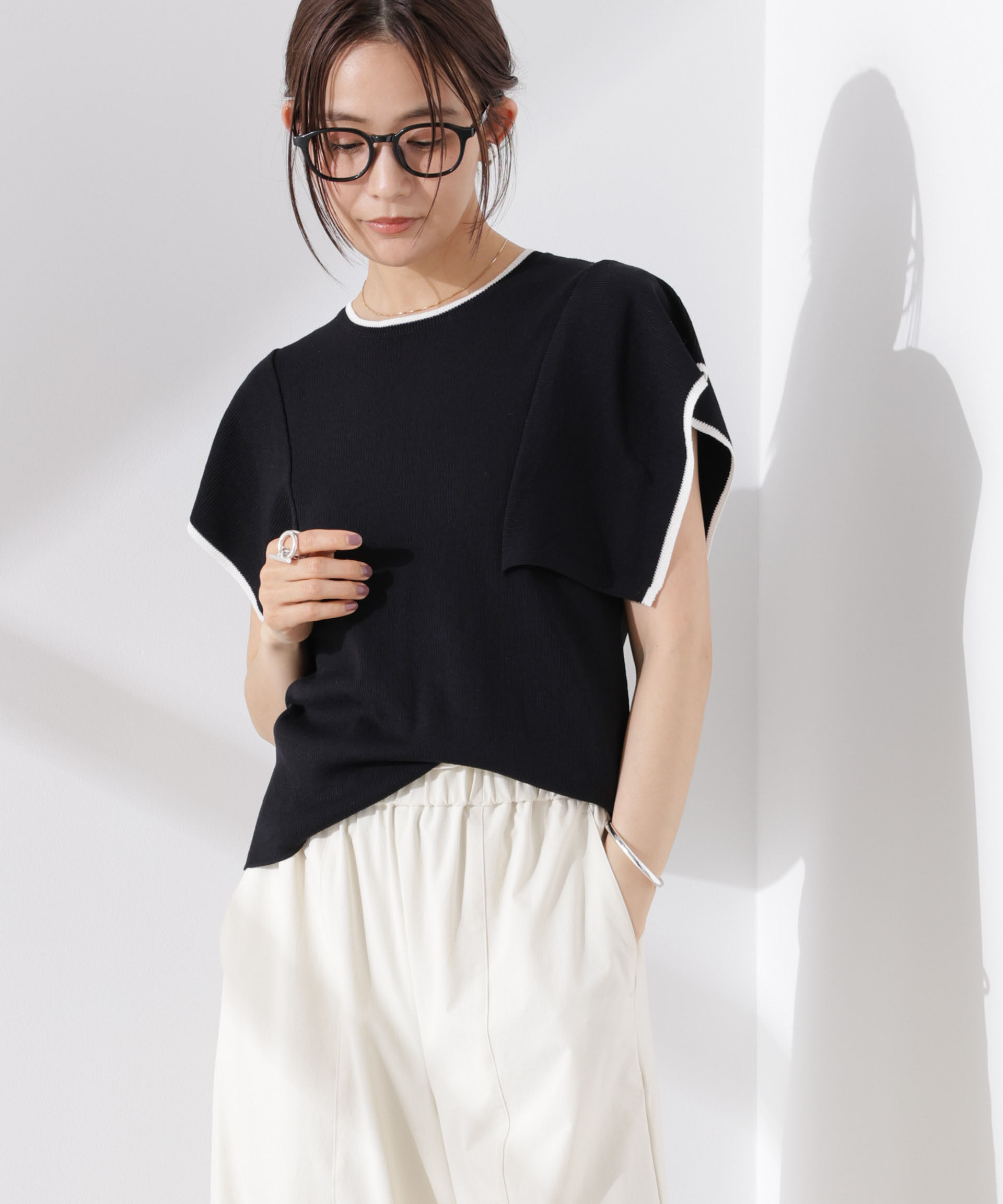 nano･universe「スクエアスリーブバイカラーニット」|ニット・セーター|