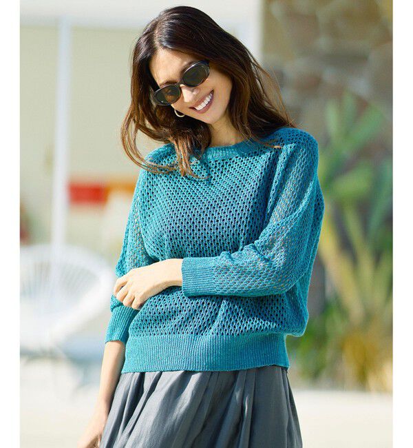 自由区「【SHIHOさん着用】リネンミドルゲージメッシュ ニット」|ニット・セーター|ターコイズ