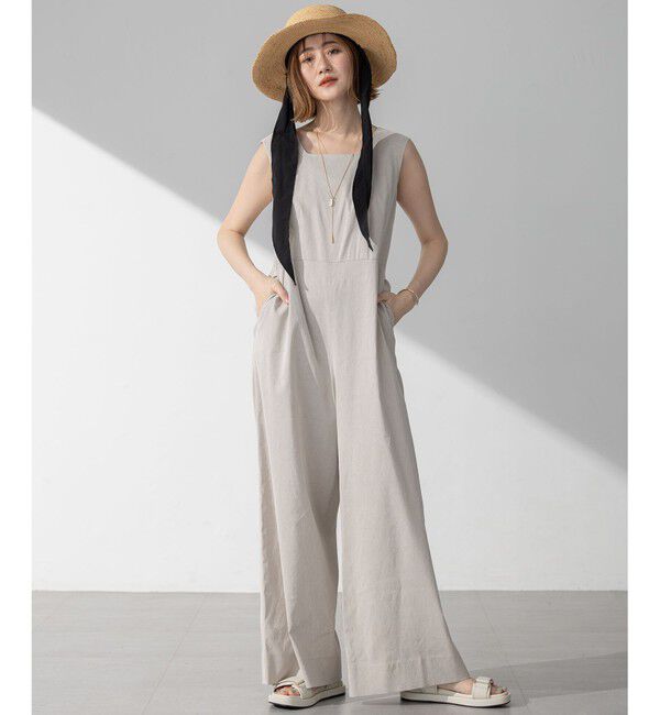 23区「【洗える】リネンレーヨンストレッチ スクエアネック オールインワン」|オールインワン|ベージュ系