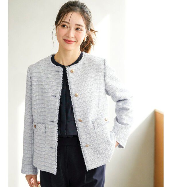 ANY SIS「ノーカラーフリンジツイード ジャケット」|ノーカラージャケット|