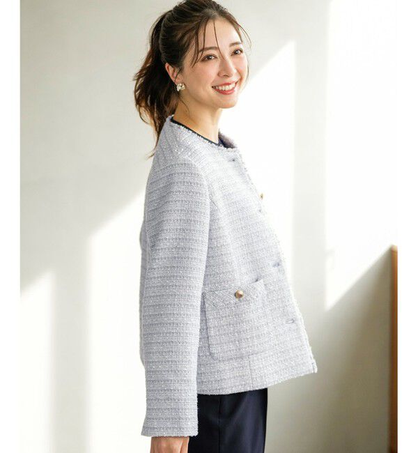 ANY SIS「ノーカラーフリンジツイード ジャケット」|ノーカラージャケット|
