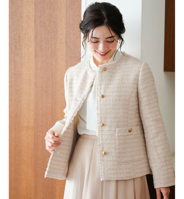 ANY SIS「ノーカラーフリンジツイード ジャケット」|ノーカラージャケット|