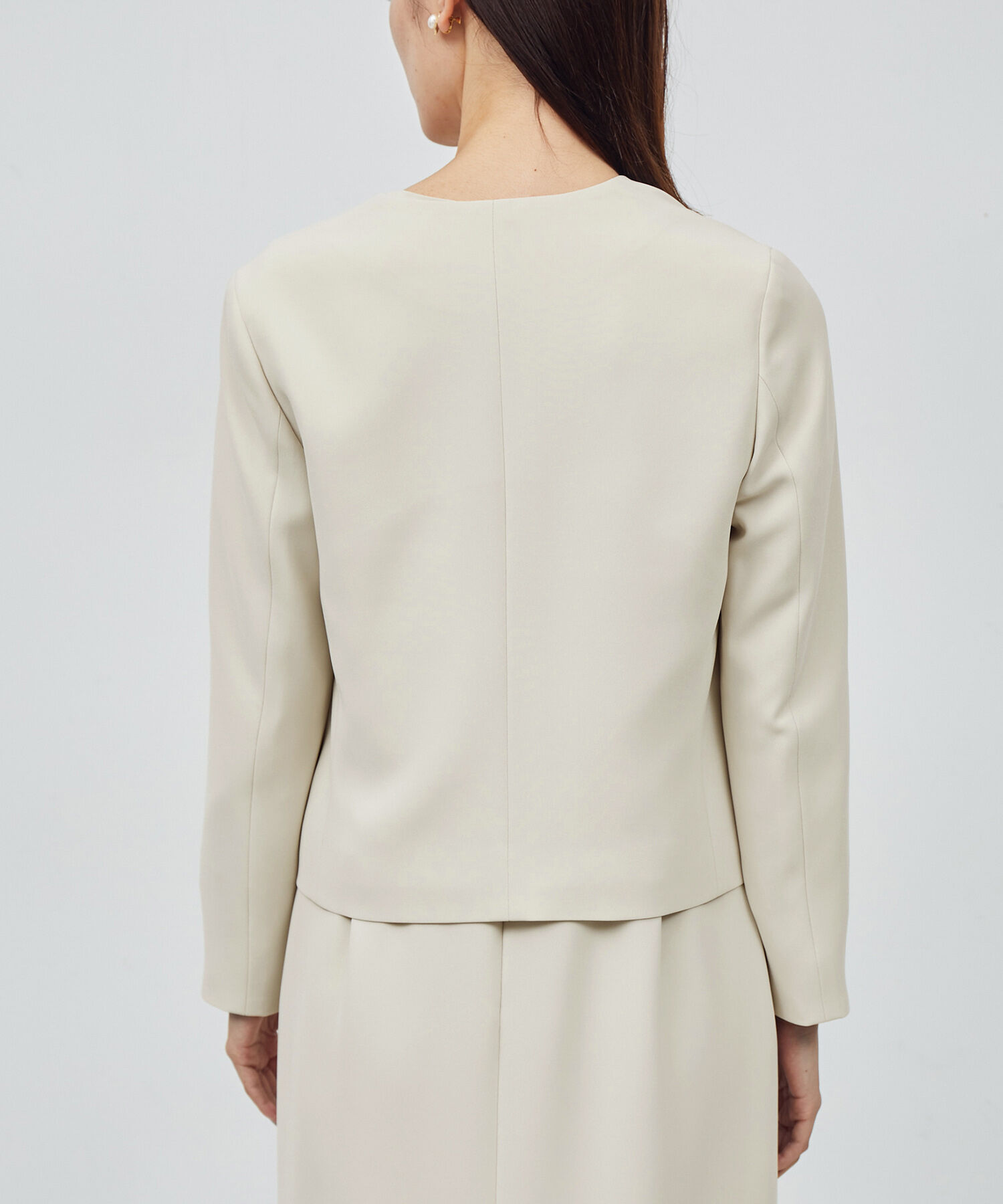 ROPE「トリアセテートダブルクロス クルーネックジャケット【セレモニー/通勤対応】【洗える】」|ノーカラージャケット|