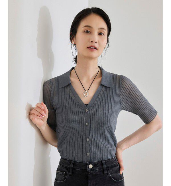 ROPE「【洗える】【WEB・一部店舗限定】シアーリブＶネックポロニット」|ニット・セーター|ブラック(01)