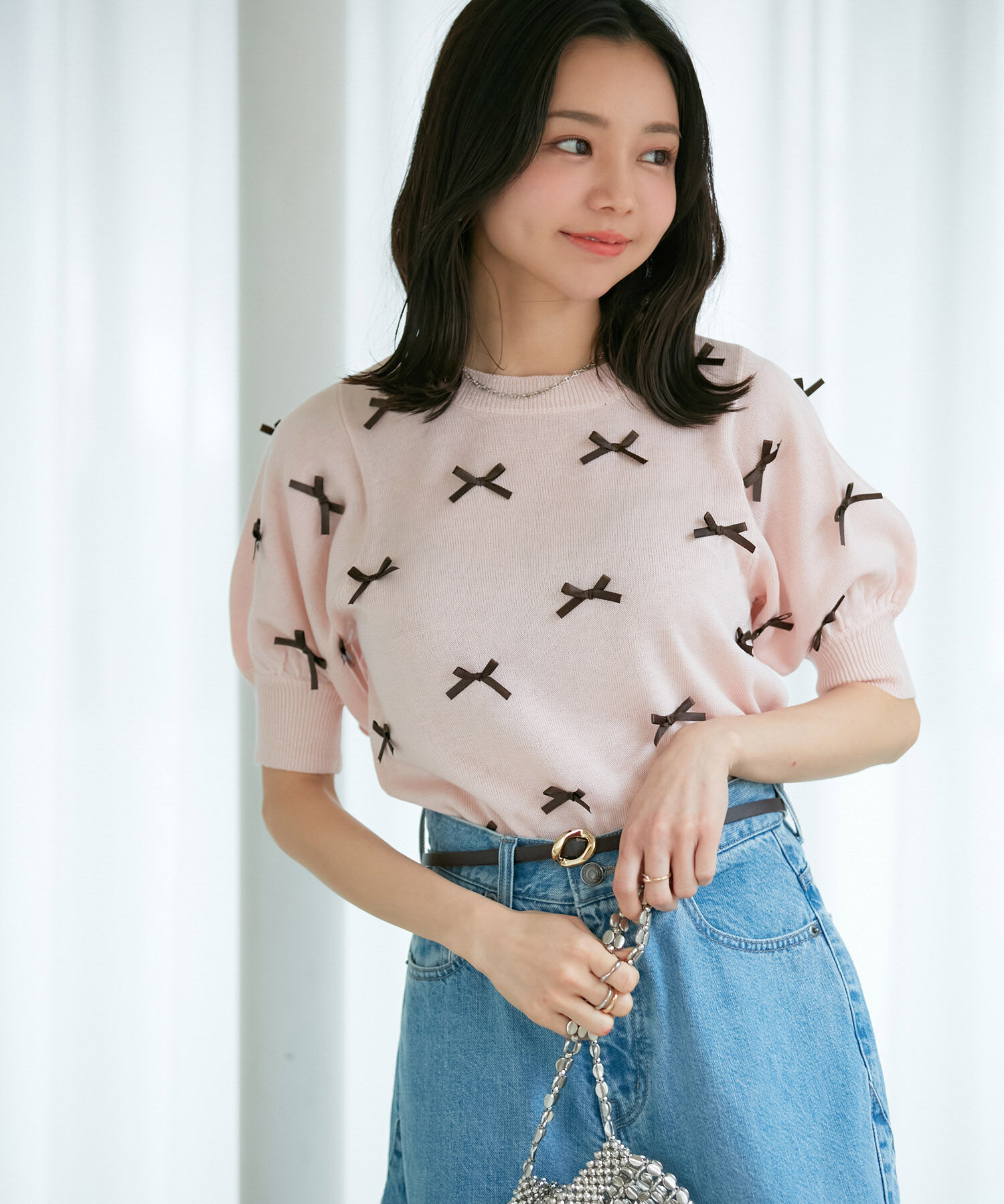 VIS「【WEB限定】リボンハーフスリーブニット」|ニット・セーター|