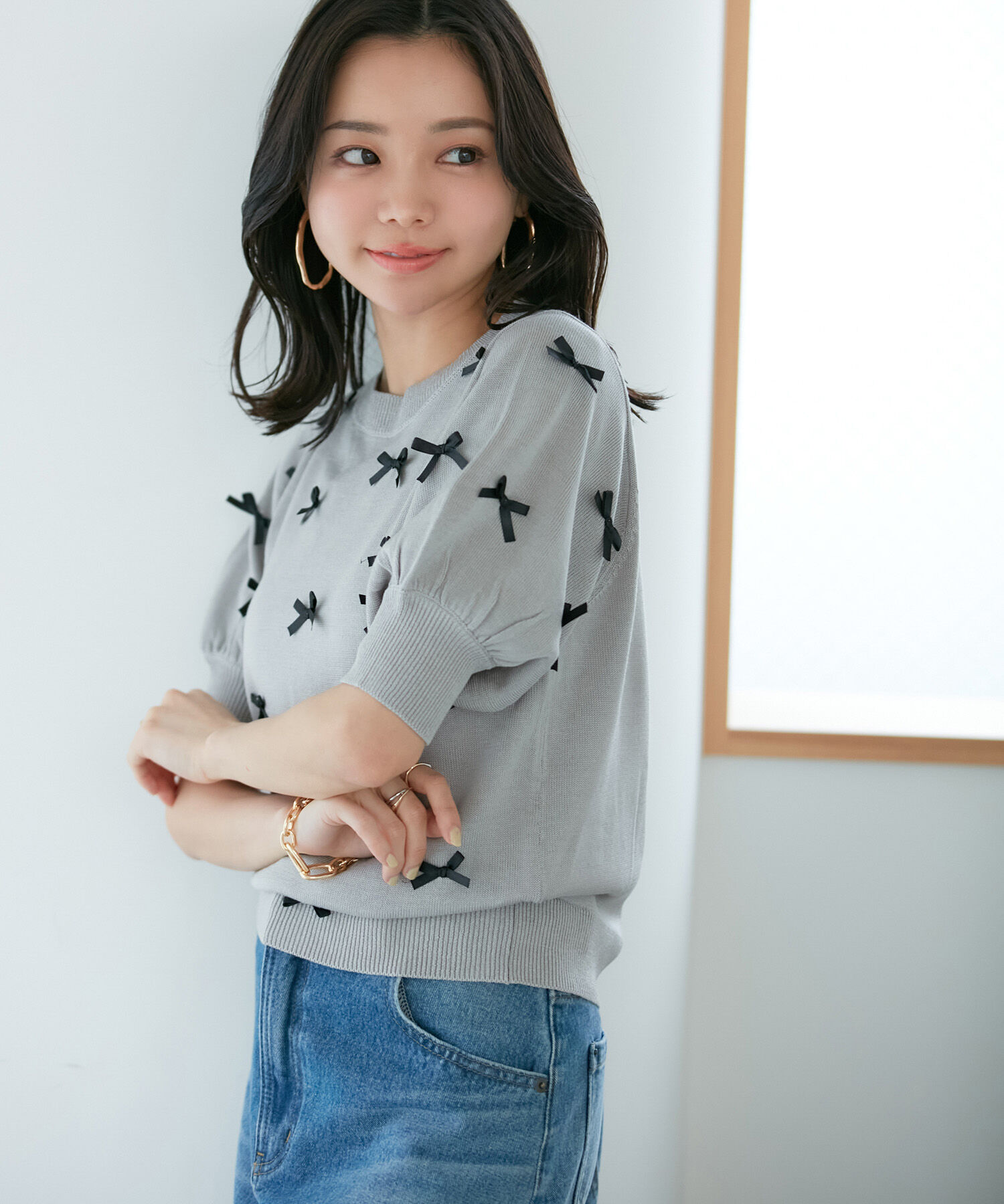 VIS「【WEB限定】リボンハーフスリーブニット」|ニット・セーター|