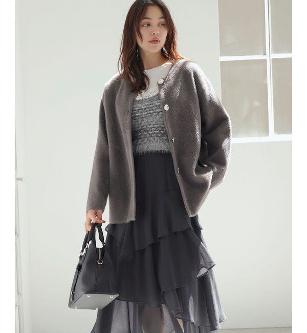 VIS「接結メタルボタンミニフェザーニットコート」|ノーカラージャケット|