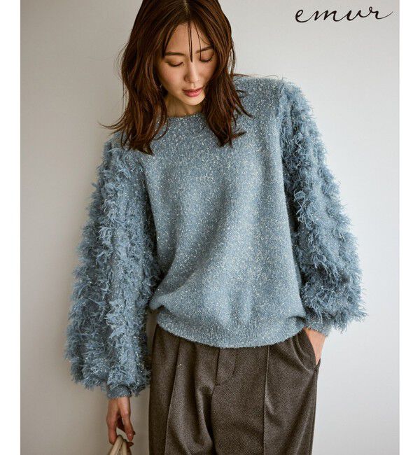 Rope&rsquo;Picnic「【emur/エミュール】ラメジャガードフリンジスリーブプルオーバー」|ニット・セーター|ブルー(44)