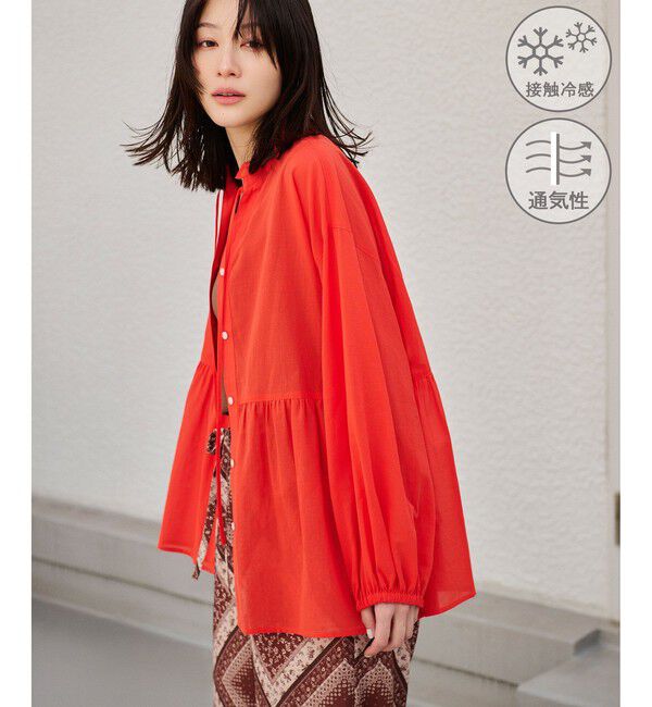 Rope&rsquo;Picnic「お着軽シャツシリーズ フリルカラーシアーペプラムブラウス/接触冷感・通気性」|シャツ・ブラウス|オレンジ(70)