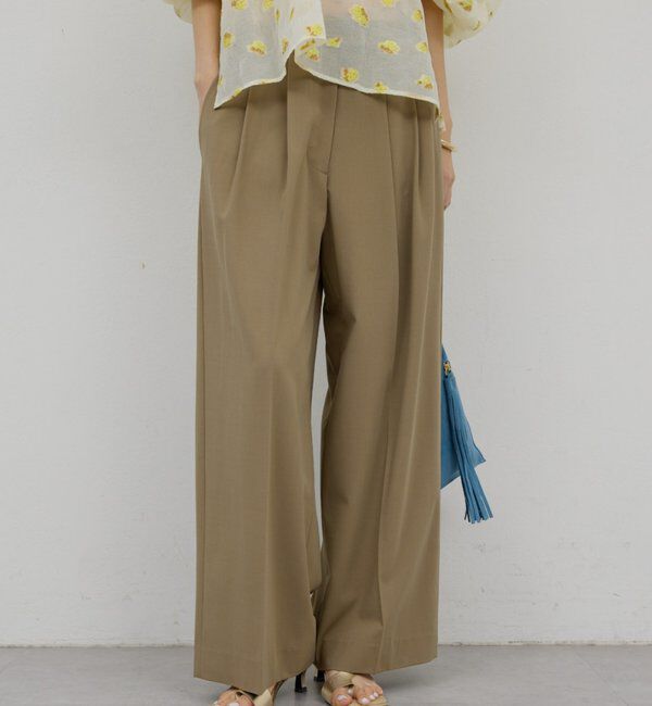  「【ウエスト調整可能】【手洗い可】梳毛タックワイドパンツ」|チノ|