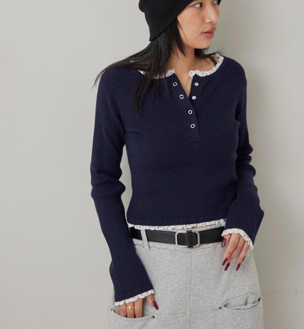  「レースレイヤードヘンリーニット」|ニット・セーター|