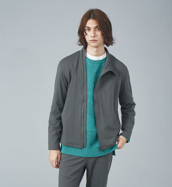 ABAHOUSE「ジャージー セミダブル ライダース ブルゾン」|ライダースジャケット|カーキ