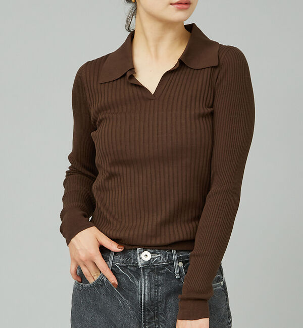 Rouge vif「シルク混ワイドリブポロニット」|ニット・セーター|ブラウン
