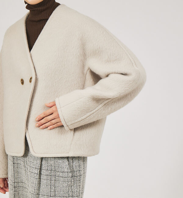 qualite「モヘアシャギーショートコート」|ノーカラーコート|