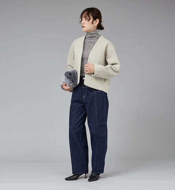 qualite「ボンディングショートコート」|ノーカラーコート|