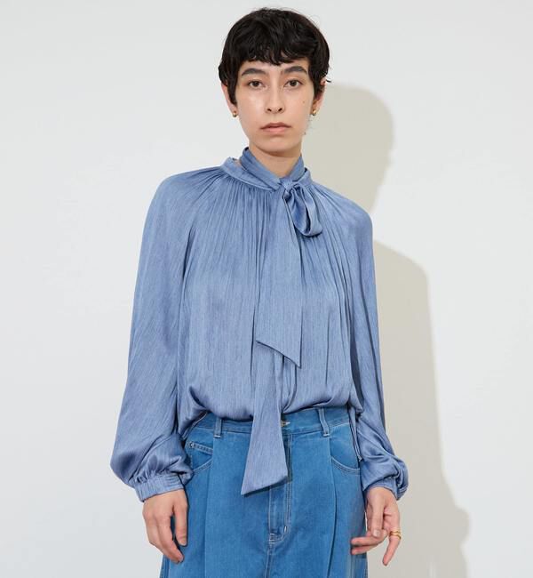 Liesse「ボウタイ付きギャザーブラウス」|シャツ・ブラウス|サックス