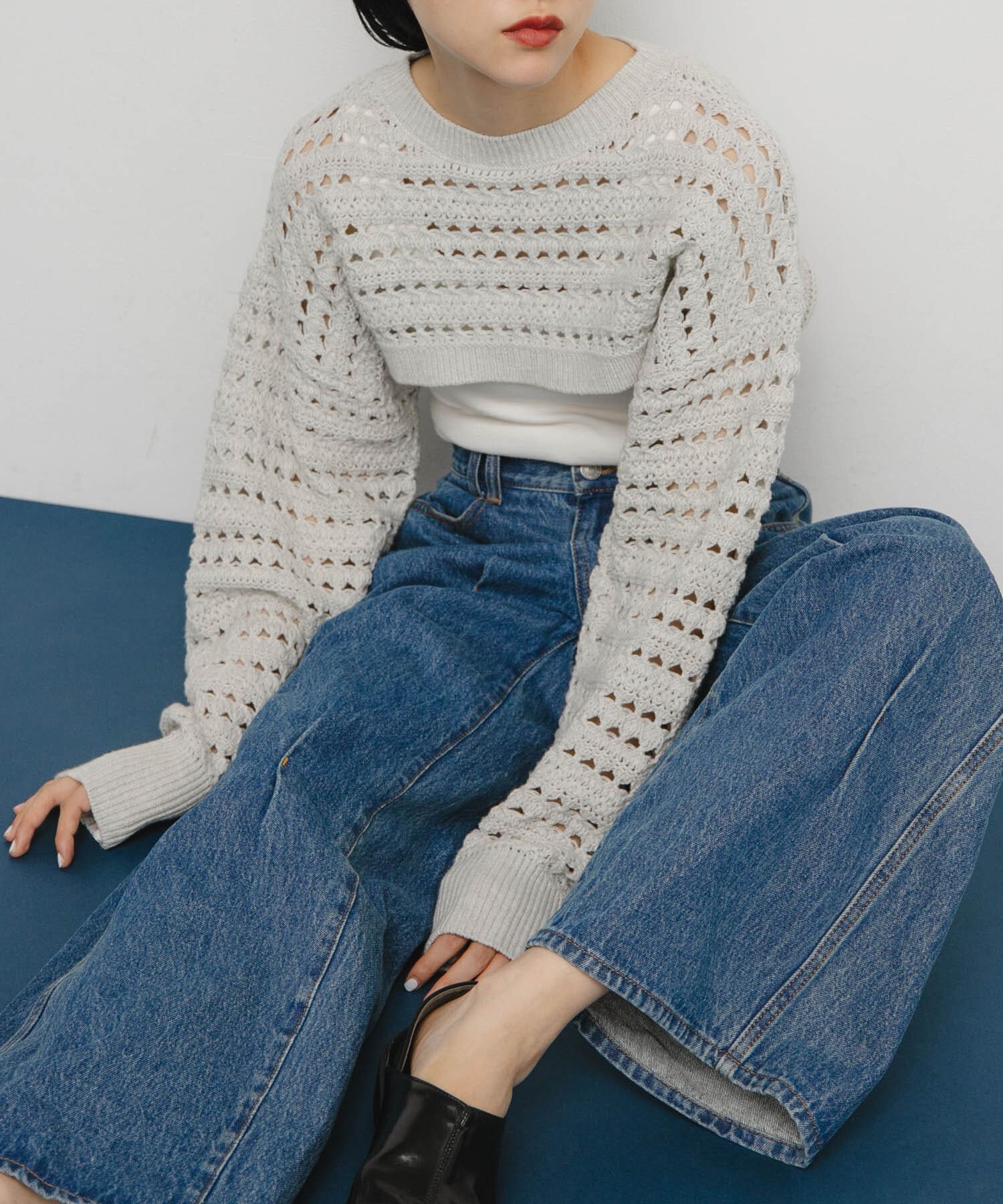  「透かし編みニットボレロ」|ニット・セーター|ライトグレー