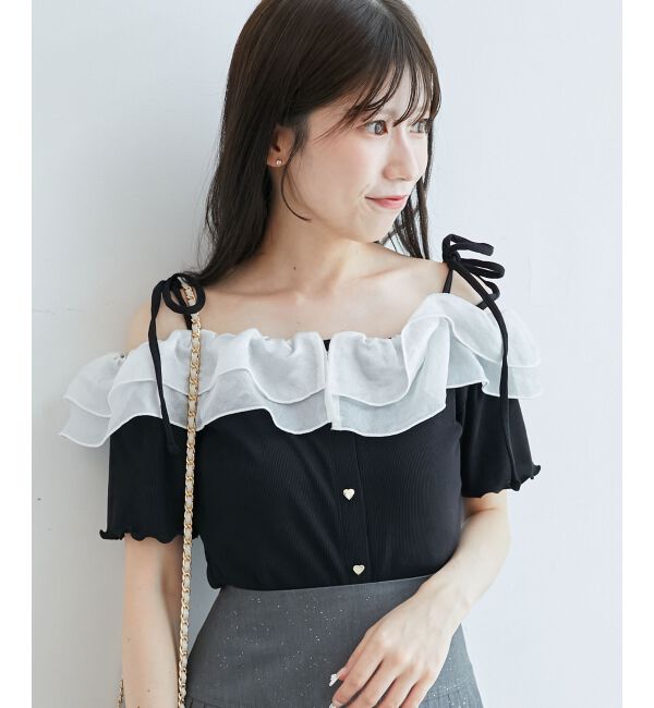  「シアーフリルオフショルカットトップス」|Tシャツ・カットソー|ブラック