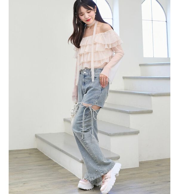  「スリットビジューフレアデニムパンツ」|デニム|