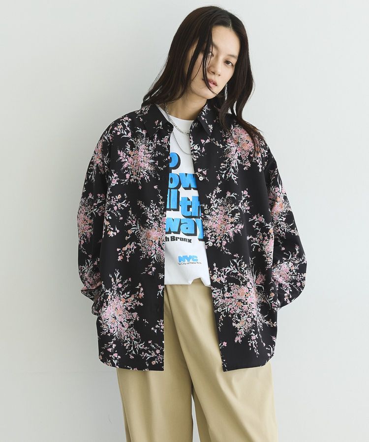 GARAGE OF GOOD CLOTHING「【日本製】ピーチファイユフラワープリントロングシャツ」|シャツ・ブラウス|Black