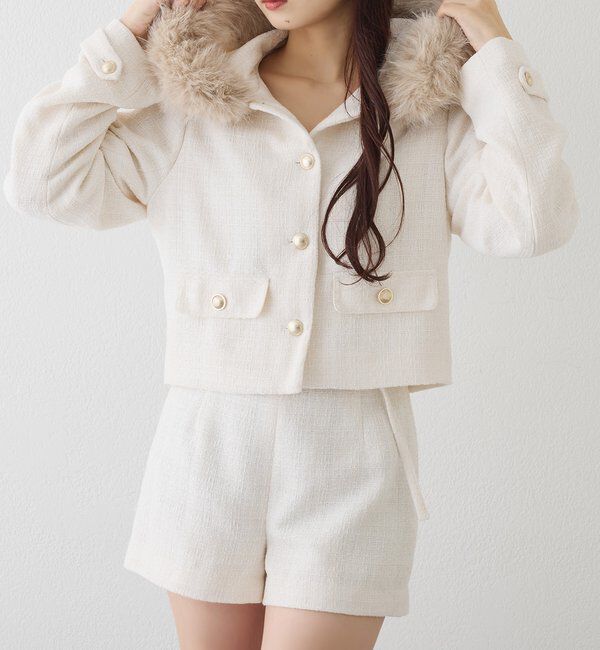  「フェイクファーフード付きツイードジャケット【セットアップ可能】」|ダウンベスト・ベスト|